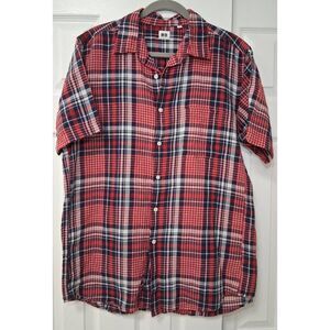 Uniqlo mens large linen cotton shirt button down  short sleeve red blue plaid